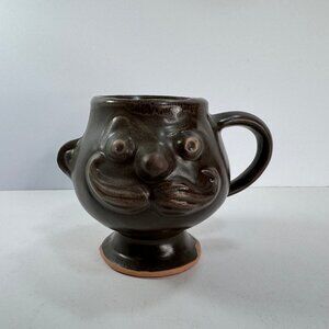 Vintage Brown Pottery Stoneware Shaving Mug w/ Mustache Face 4.5" tall